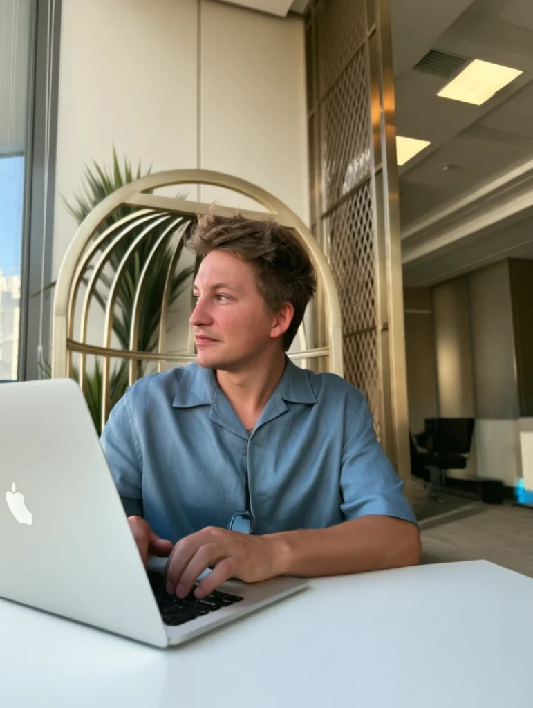 daniel jay lyle sitting in an office working on a laptop